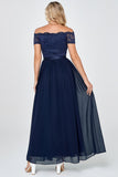 Navy Off the Shoulder Long Chiffon Bridesmaid Formal Dress with Lace