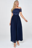 Navy Off the Shoulder Long Chiffon Bridesmaid Formal Dress with Lace