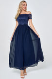 Navy Off the Shoulder Long Chiffon Bridesmaid Formal Dress with Lace