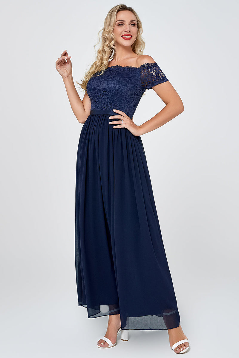 Load image into Gallery viewer, Navy Off the Shoulder Long Chiffon Bridesmaid Formal Dress with Lace
