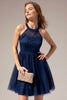 Load image into Gallery viewer, Navy Halter Lace &amp; Tulle Dress