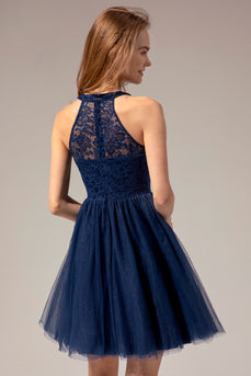 Navy Halter Lace & Tulle Dress