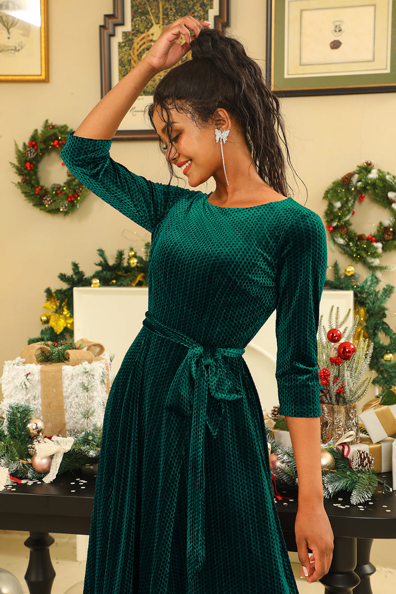 Load image into Gallery viewer, A Line Round Neck Green Velvet X Mas Dress