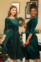 Fanvereka Women's Velvet Dress Solid Color Lace Trim Scoop Neck A