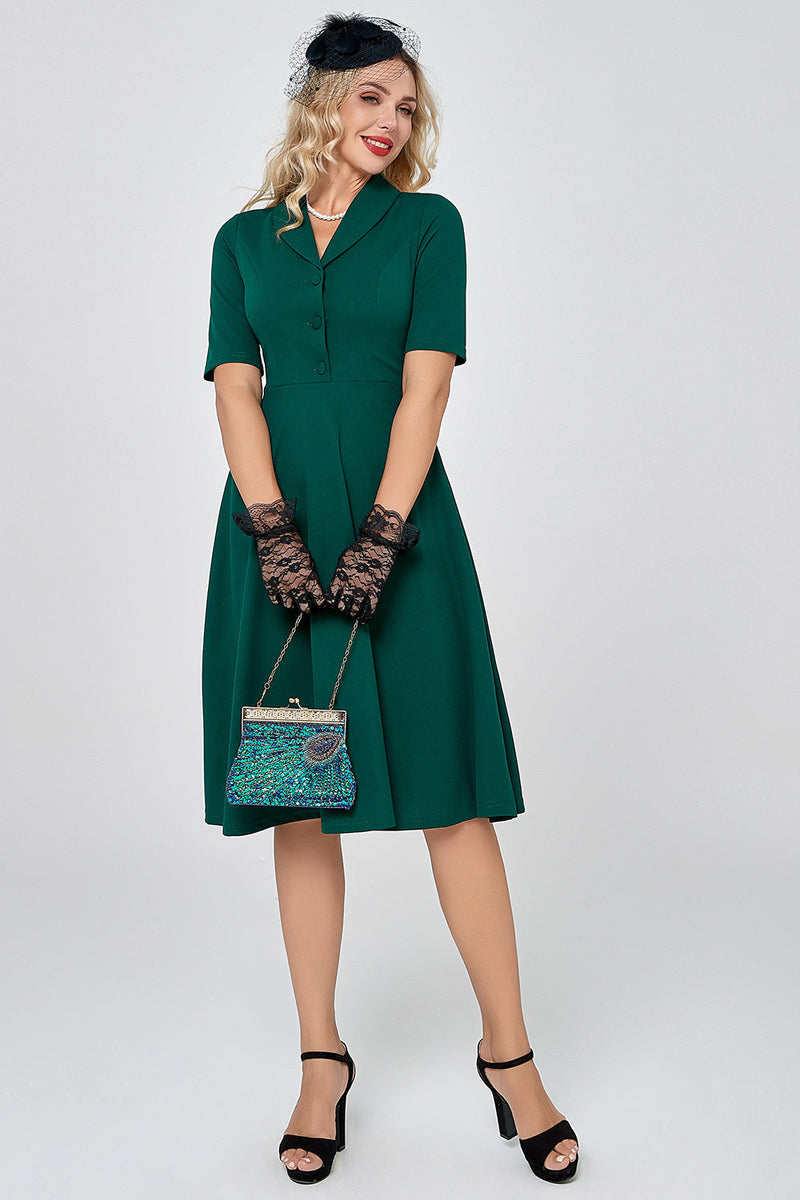 Load image into Gallery viewer, Dark Green Short Sleeves Vintage 1950s Dress with Buttom