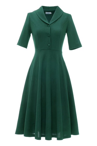 Dark Green Short Sleeves Vintage 1950s Dress