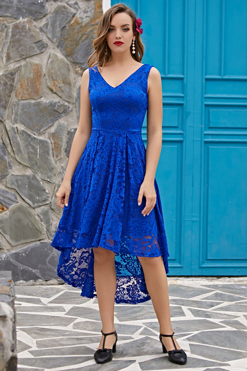 Load image into Gallery viewer, Royal Blue Asymmetrical Lace Dress