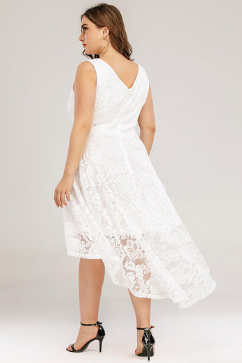 White Lace Asymmetrical Plus Size Dress