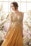 Deep V-neck Long Dress with Appliques