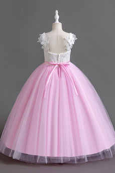 Pink Sleeves V Neck Tulle Long Flower Girl Dress