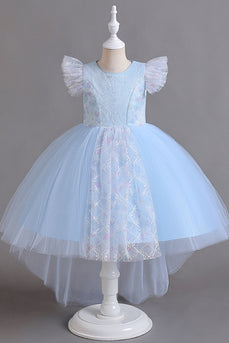 Blue Round Neck High Low Tulle Flower Girl Dress
