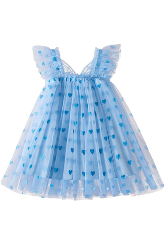 Blue Square Neck Heart Printed Tulle Girl Dress