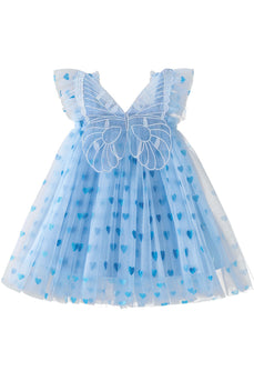 Blue Square Neck Heart Printed Tulle Girl Dress