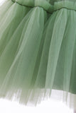 Green Round Neck Tulle Flower Girl Dress with Bowknot