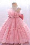 Green Round Neck Tulle Flower Girl Dress with Bowknot