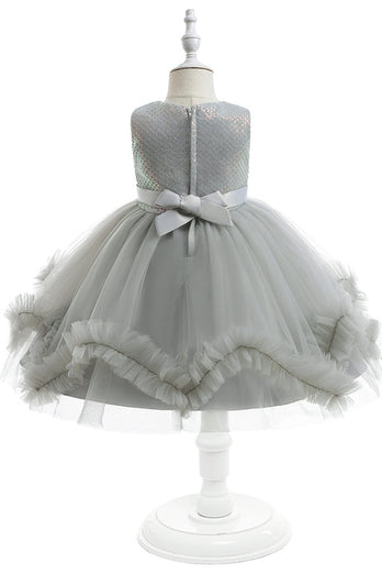 Grey Sleeveless Tulle Flower Girl Dress with Bowknot