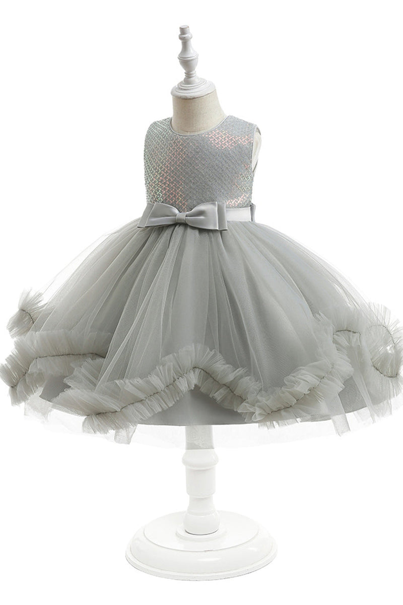Load image into Gallery viewer, Grey Sleeveless Tulle Flower Girl Dress with Bowknot