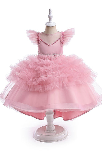 Pink High Low Tulle Flower Girl Dress with Beading