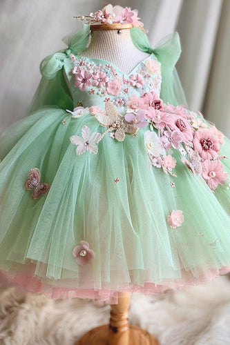 Green V Neck Tulle Flower Girl Dress with 3D Flower