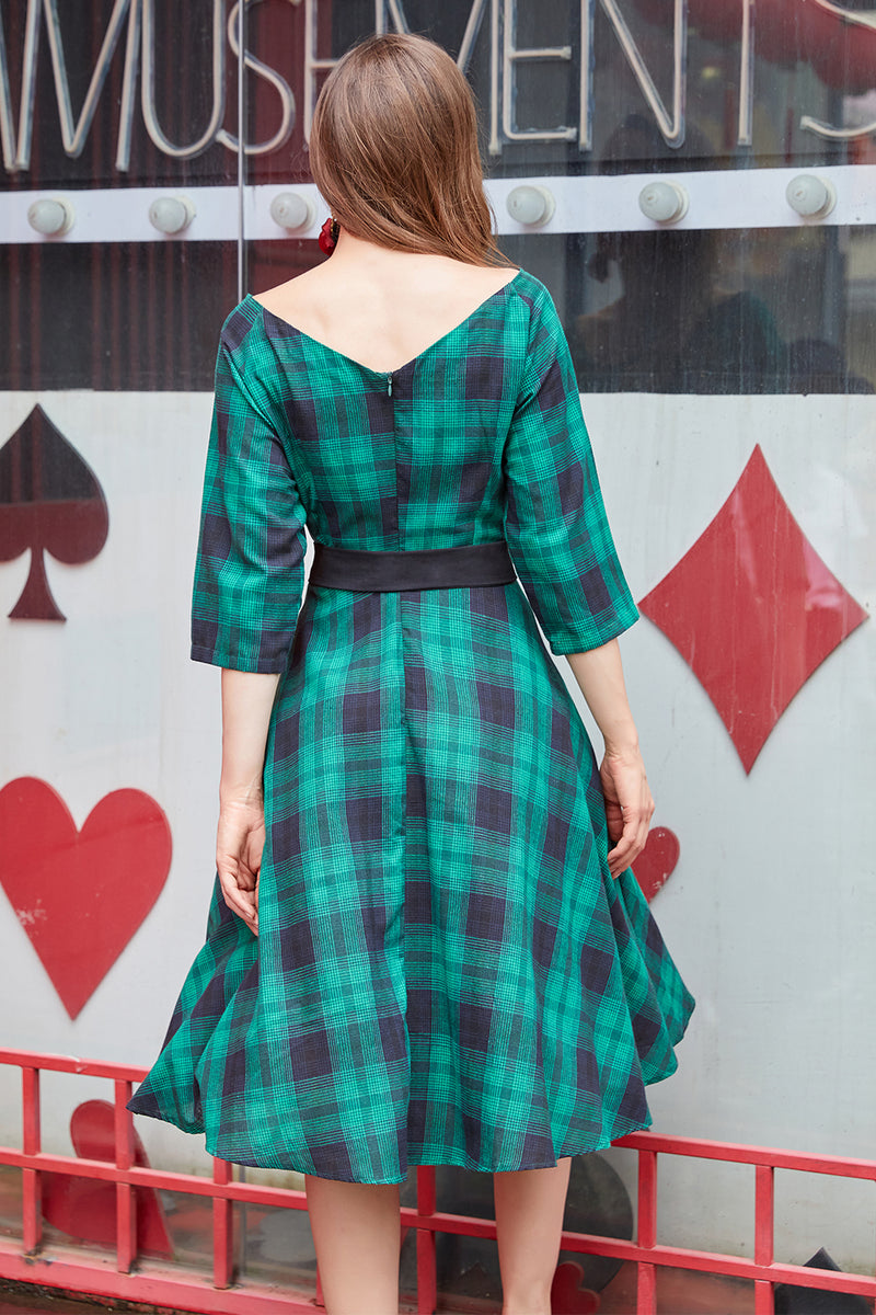 Load image into Gallery viewer, Green Plaid Vintage Swing Dress