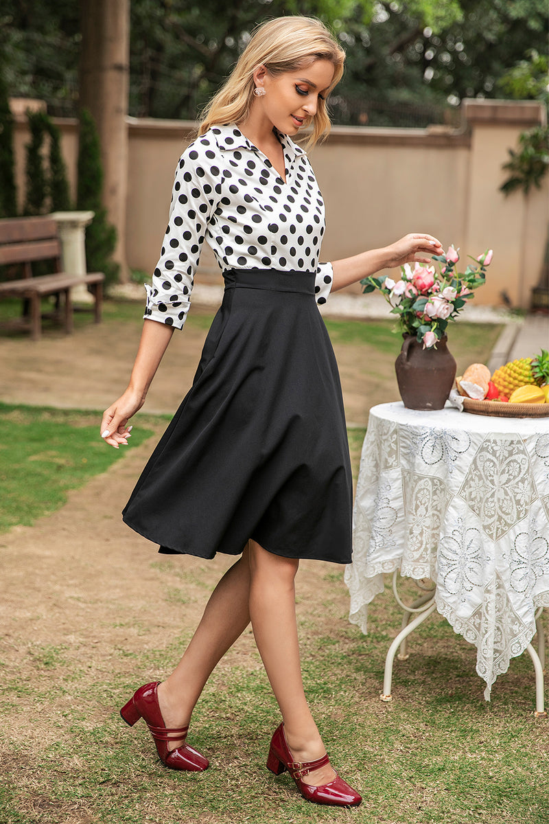 Load image into Gallery viewer, Black and White Polka Dots 1950s Dress