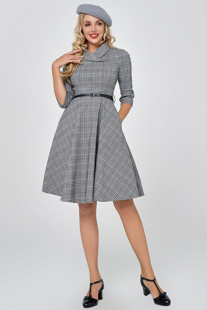 Load image into Gallery viewer, Dark Grey Vintage Plaid 1950s Swing Party Dress with Sleeves