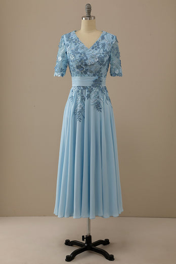 V Neck Blue Mother of Bridal Dress with Appliques