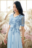 Load image into Gallery viewer, V Neck Blue Mother of Bridal Dress with Appliques