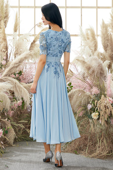 V Neck Blue Mother of Bridal Dress with Appliques