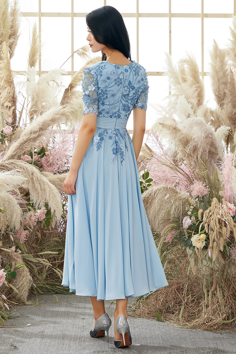 Load image into Gallery viewer, V Neck Blue Mother of Bridal Dress with Appliques