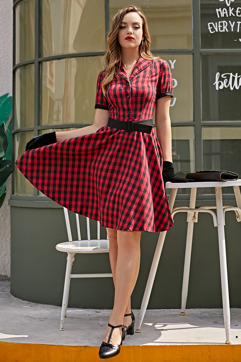 Zapaka Women Vintage Plaid 1950s Dress Short Sleeves Collared Swing Party  Dress Canada – Zapaka CA