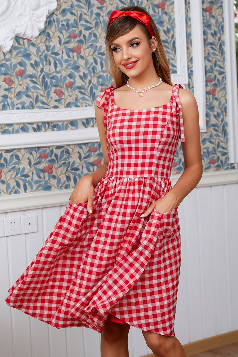 Load image into Gallery viewer, Red Plaid Vintage Dress with Bows