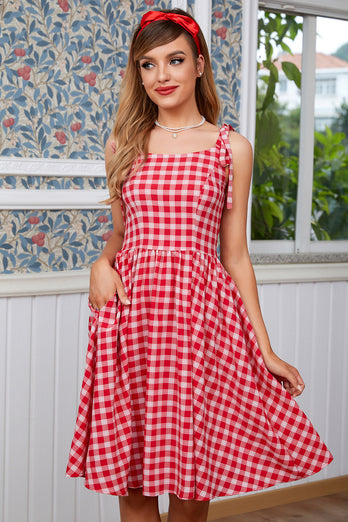 Red Plaid Vintage Dress with Bows