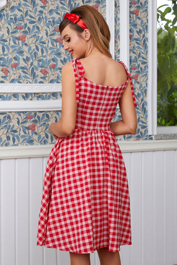 Red Plaid Vintage Dress with Bows