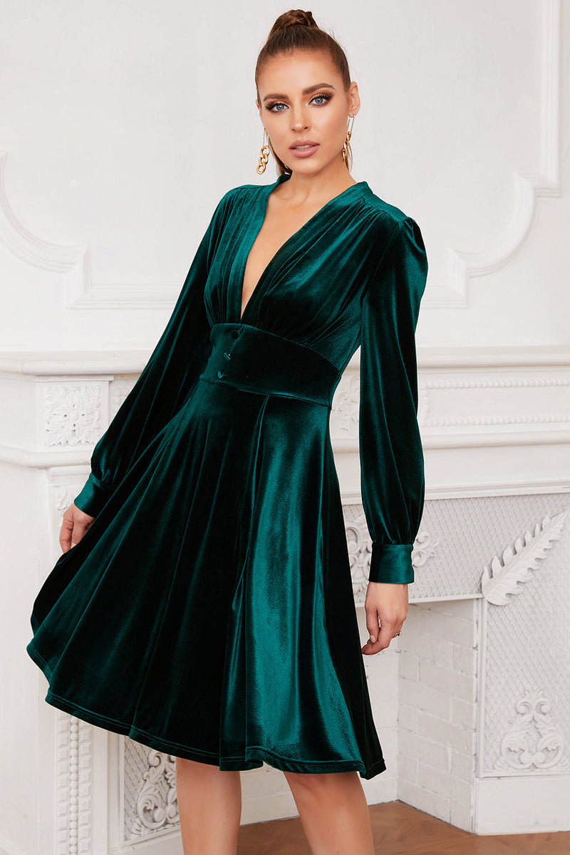 Load image into Gallery viewer, Dark Green Velvet Party Dress With Long Sleeves