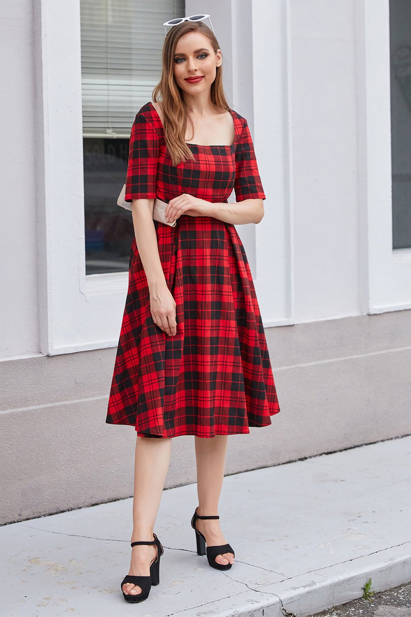 Load image into Gallery viewer, Red Plaid Square Neck 1950s Dress
