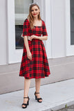 Red Plaid Square Neck 1950s Dress