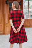 Red Plaid Square Neck 1950s Dress