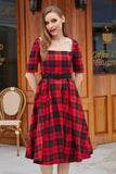 Red Plaid Square Neck 1950s Dress