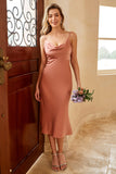 Brown Spaghetti Straps Slip Bridesmaid Dress