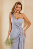 Load image into Gallery viewer, Grey Blue One Shoulder Bridesmaid Dress