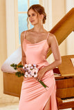 Peach Sheath Long Bridesmaid Dress with Slit