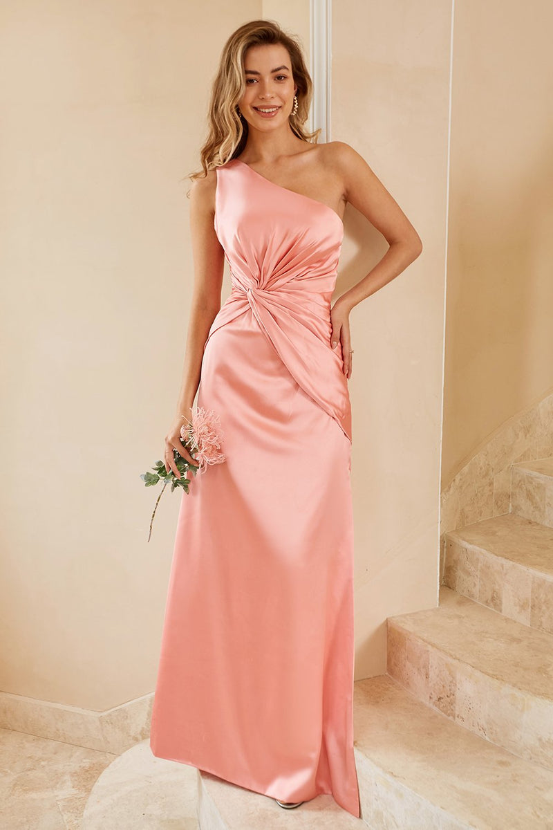 Load image into Gallery viewer, Peach One Shoulder Bridesmaid Dress with Ruffles