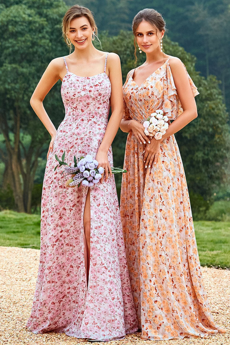 Load image into Gallery viewer, Pink Floral Print Bridesmaid Dress