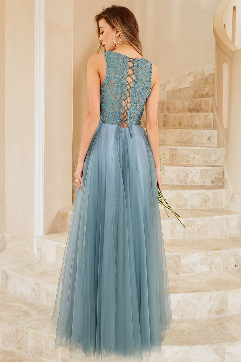 Load image into Gallery viewer, Grey Blue Tulle Bridesmaid Dress with Lace