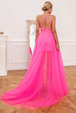 Hot Pink Detchable Train Prom Dress