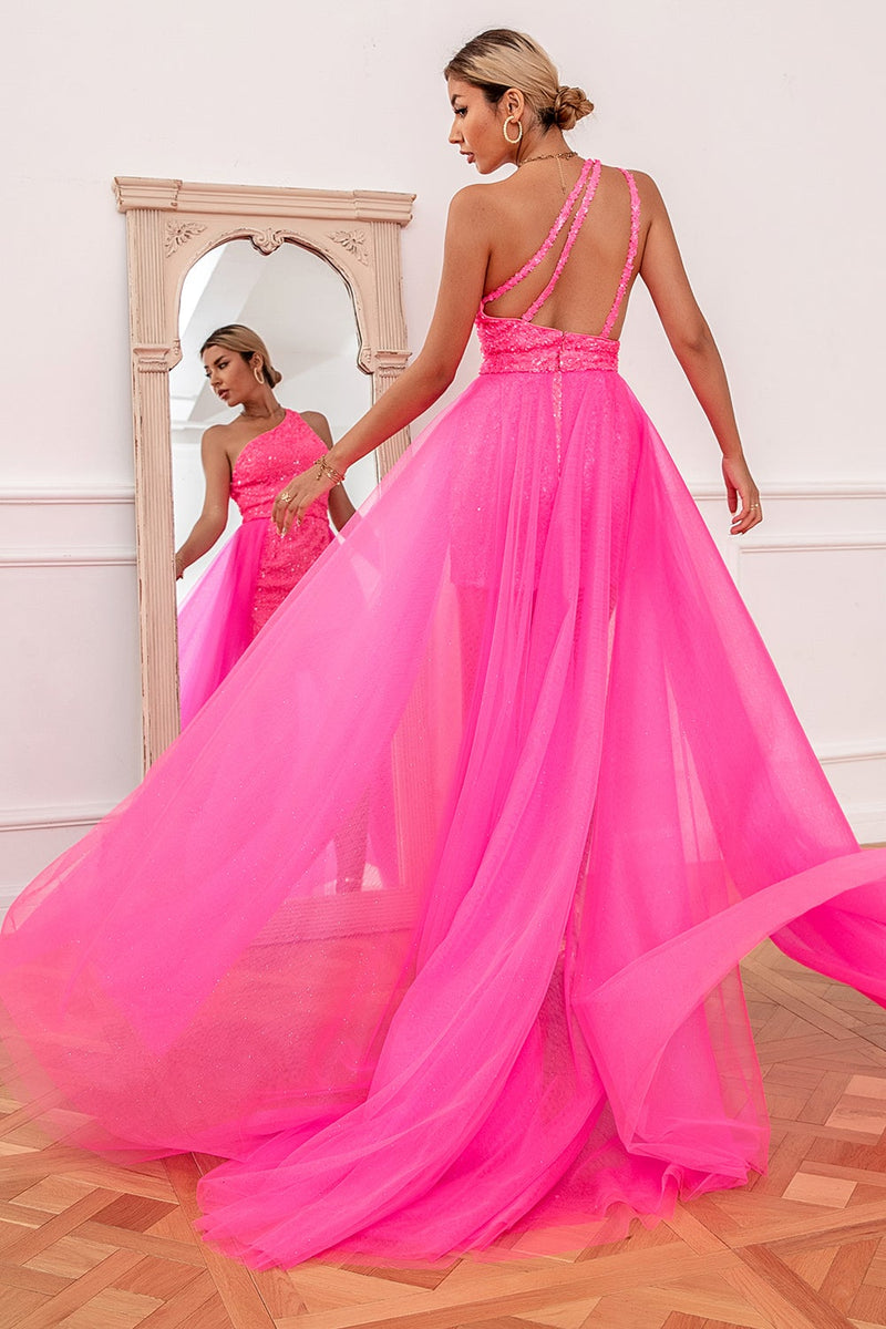 Load image into Gallery viewer, Hot Pink Detchable Train Prom Dress