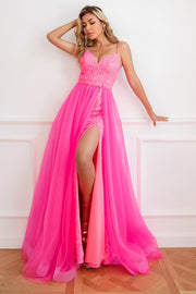 Spaghetti Straps Fuchsia Detachable Train Prom Dress with Split Front