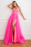 Spaghetti Straps Fuchsia Detachable Train Prom Dress with Split Front