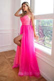 Spaghetti Straps Fuchsia Detachable Train Prom Dress with Split Front